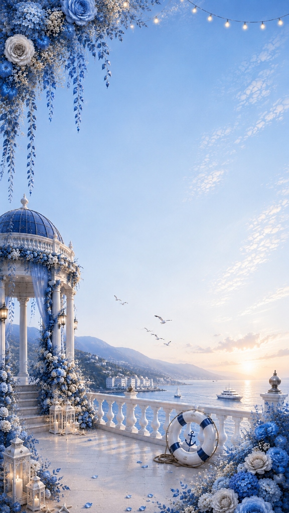 Classical rotunda and seaside riviera backdrop